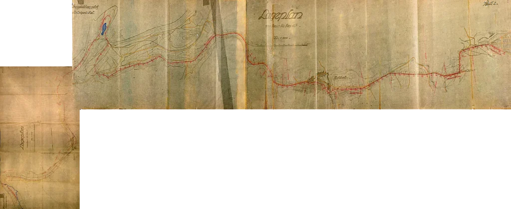 Erster detaillierter Planungsentwurf zur Streckenführung von Bundenthal nach Luswigswinkel.
Der Plan bestand ursprünglich aus zwei Teilen und wurde zusammengesetzt. Originalgröße ca. 7,0m.